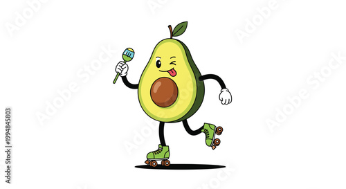 Fun cartoon character of a green avocado winking and holding a maraca while wearing green roller skates on white background.
