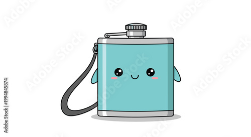 Adorable light blue hip flask character with a small smiling face and tiny arms on a white background illustration.