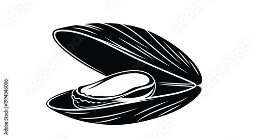 Bold black and white graphic illustration of an open mussel shell with a textured surface on a white background.