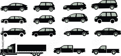 Wide range of car and truck silhouettes set including sedan suv pickup and cargo vehicles isolated on white background transport concept