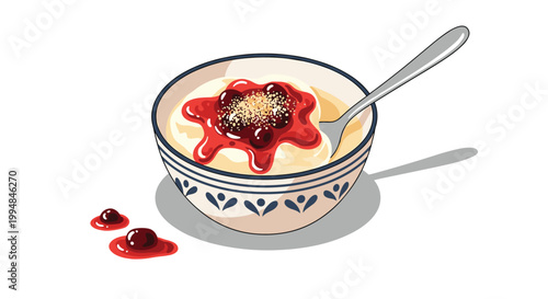 Ceramic bowl filled with creamy porridge or yogurt topped with red berry jam, fresh berries, and brown sugar.