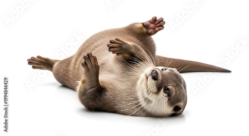 A playful otter lying on its back and showing its paws