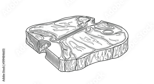 Detailed hand drawn sketch of a raw t-bone beef steak with marbled fat and bone detail on a white background.