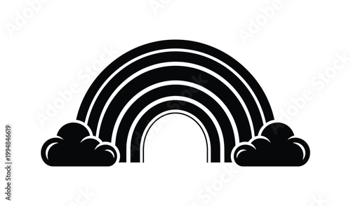 Minimalist black and white illustration of a rainbow arching over fluffy clouds, symbolizing hope and diversity in a serene sky.