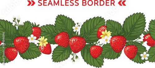 Seamless Strawberry Border Illustration with Leaves and Flowers for Nature-Themed Designs and Patterns