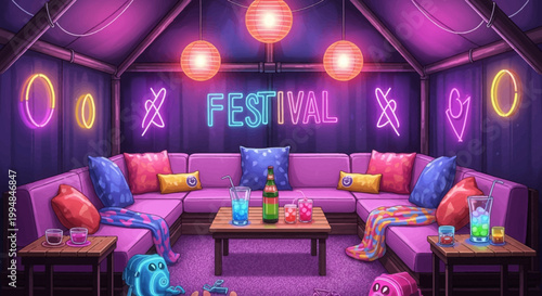 Vibrant festival lounge interior with colorful pillows and neon lights