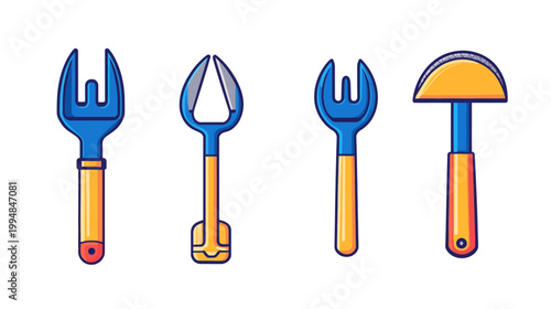 Four colorful sand tools, including rakes, scoop and shovel, isolated on a white background