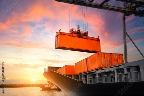 Cargo Ship Travels Through Calm Waters Near a Port in the Afternoon Sun With ...