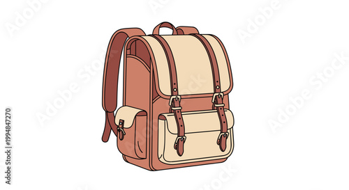 Vintage style school backpack made of brown and tan leather with multiple pockets and secure buckle straps on a white background.