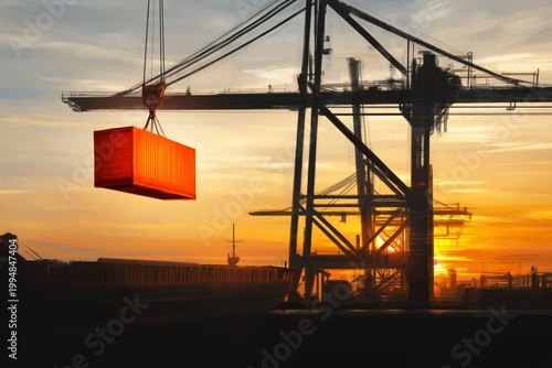 Cargo Being Loaded Onto a Ship at Sunset in a Busy Port