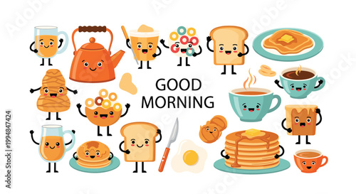 Group of adorable breakfast themed cartoon characters with smiling faces and waving hands including eggs bread and drinks.