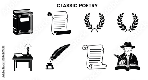 Classic poetry elements including books scrolls and a writer silhouette