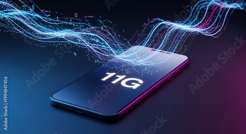 Smartphone displaying 11 g text with glowing blue data stream waves on dark background