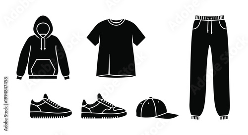 Clothing items including a hoodie t shirt pants shoes and cap silhouette