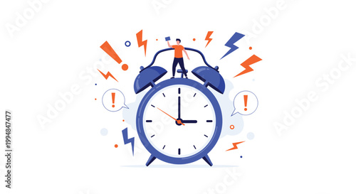 Busy man standing on top of a giant blue alarm clock that is loudly ringing with electric sparks and warning signs around him.