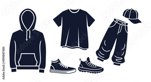 Clothing items including a hoodie t shirt pants and shoes silhouette