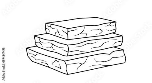 Minimalist black and white sketch of three stacked rectangular stone slabs or rock layers with natural crack textures.