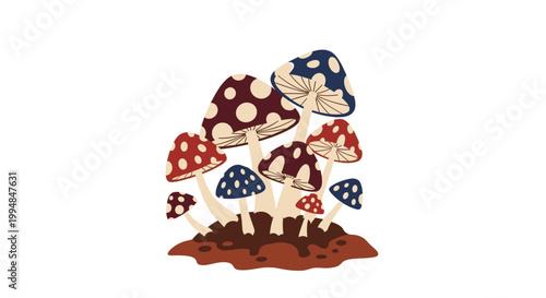 Bunch of charming toadstools in various sizes and colors like red brown and blue with white spots growing from a dirt pile.