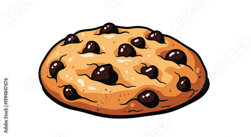 Tasty round cookie with golden brown dough and generous amounts of dark melting chocolate chips scattered on its surface.