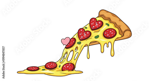 Delicious slice of pizza with overflowing melted yellow cheese and romantic heart shaped red pepperoni slices on a white background.