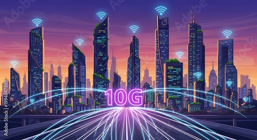 10 g network text over futuristic cityscape with glowing wi-fi and light trails connectivity