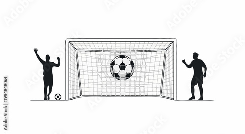 A silhouette illustration capturing the exhilarating moment of a goal in a football game. The image depicts two figures, celebrating the successful shot, while the soccer ball soars into the goal