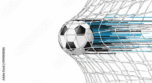 A soccer ball entering the goal net, signifying a score. The goal net is visible, and the soccer ball is caught in the mesh