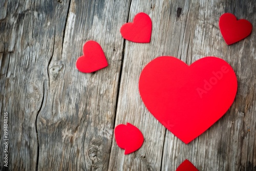 Red Hearts Scattered on Wooden Surface for Decoration or Craft