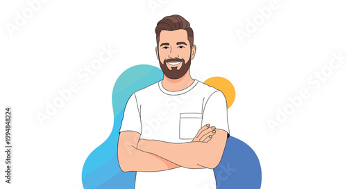 Friendly young man with a neat beard and stylish hair smiles confidently while standing with his arms crossed on a white background.