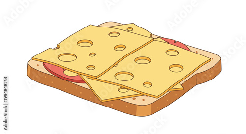 Simple open-faced sandwich features a slice of toasted bread topped with savory ham and several slices of yellow swiss cheese.