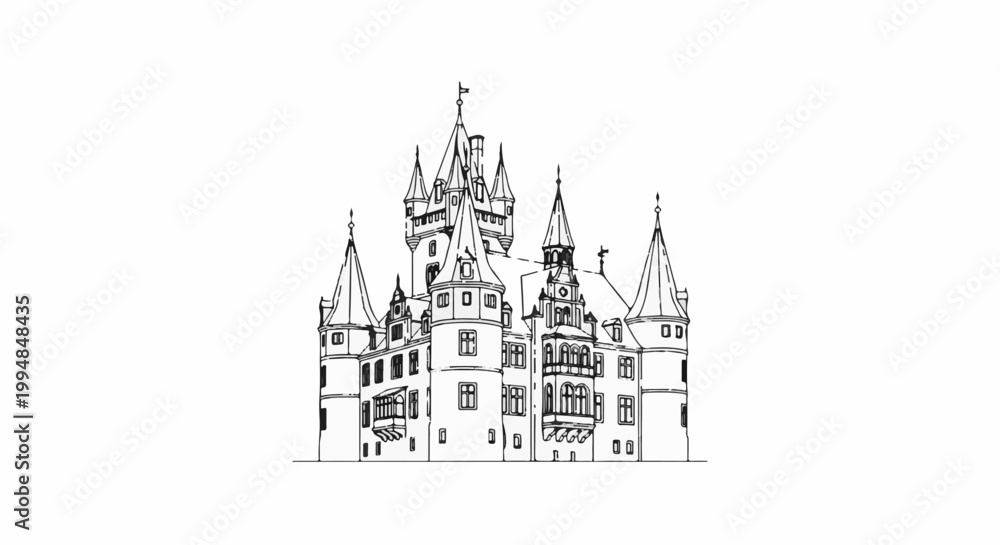 Fototapeta premium Stylized ink sketch of a large, multi-turreted castle with intricate architectural details