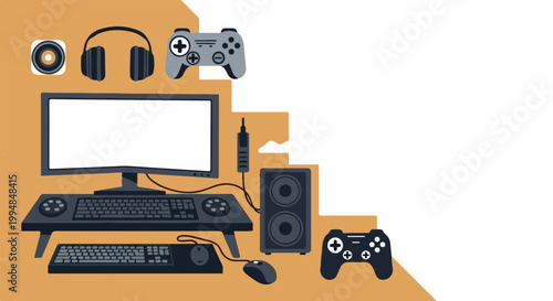 This vector graphic showcases a complete electronic gaming workspace with a curved monitor, multiple gamepads, peripherals, and audio equipment.