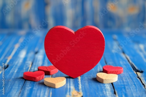 Red Heart Decoration Placed on Blue Wooden Background With Smaller Hearts Around