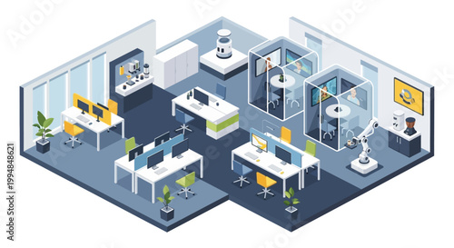 Isometric Smart Office Interior with Robotic Assistants, Video Conferencing Booths, and Modern Workspace Design for Future of Work Concept