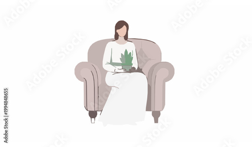 Elegant woman relaxing in classic armchair holding green houseplant minimalist flat vector illustration
