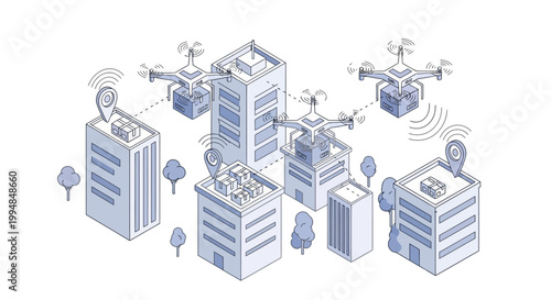Isometric Illustration of Autonomous Drones Delivering Packages in a Smart City Environment for Modern Logistics and E-commerce Shipping Concept