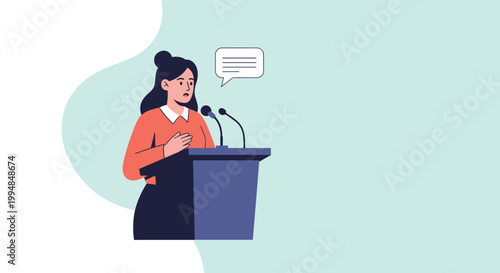 Confident woman giving a public speech or professional presentation from a podium with microphones against a light blue background.