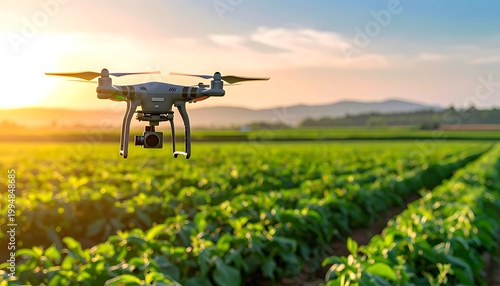A drone flies over a lush green field at sunset