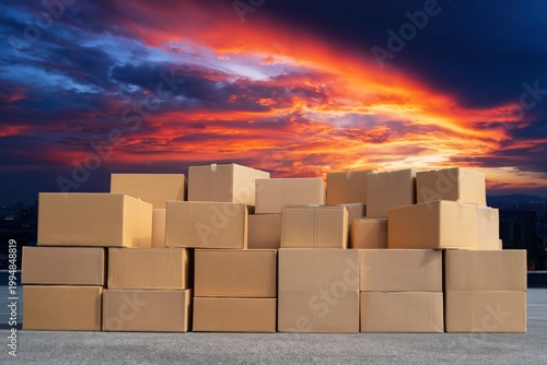Boxes Stacked on a Rooftop Against a Sunset Sky