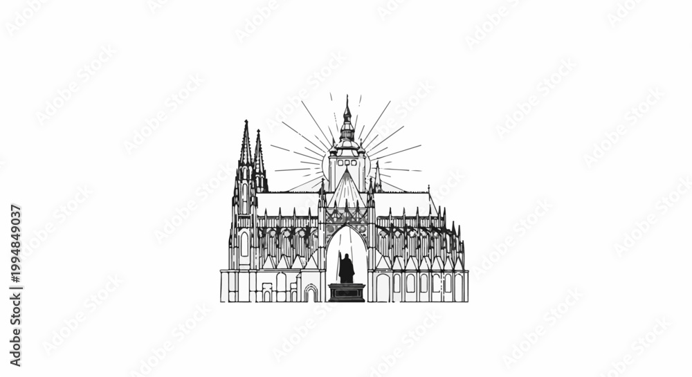 Obraz premium Stylized line art of a grand Gothic cathedral with spires and radiant light