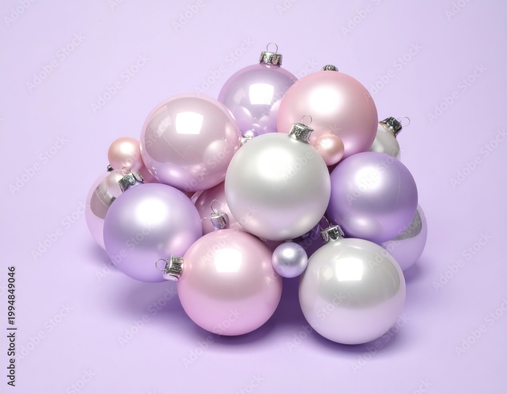Fototapeta premium Cluster of pink purple and white Christmas baubles isolated on a pastel lavender background