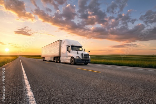 Truck Drives on Empty Highway During Sunset While Clouds Fill the Sky