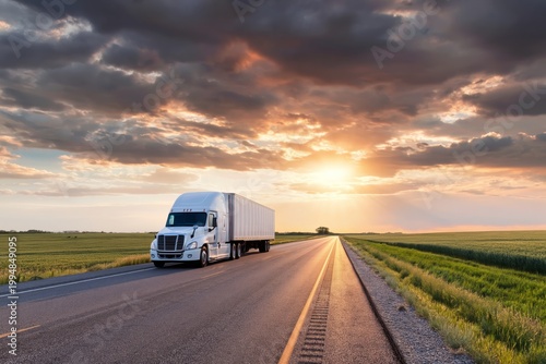 Truck Drives Along a Road at Sunset in an Open Countryside Area With Clouds i...