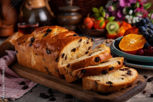 Freshly Baked Bread With Fruits and Kitchen Items on a Wooden Table