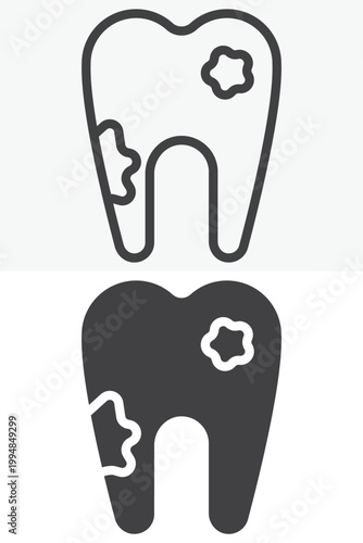 Decay tooth icon with cavity in line and outline plus solid style. Dental icon with editable stroke vector sign and symbol. Tooth icon for caries and disease.