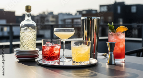 Cocktail drinks on rooftop bar table with bottle and shaker