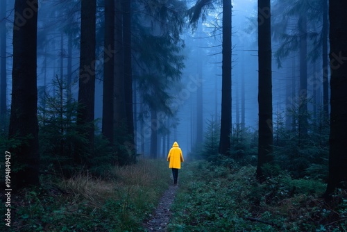 Person Walks on a Path in a Foggy Forest Wearing a Yellow Raincoat During Eve...