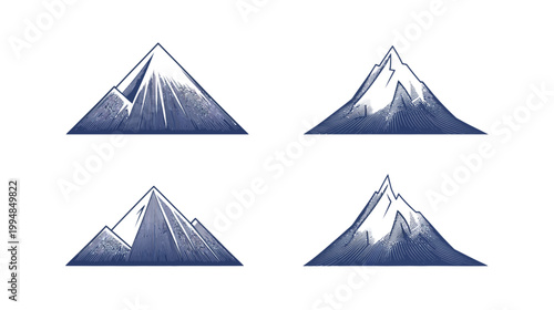 Four stylized depictions of mountain peaks, rendered in a textured blue and white graphic style