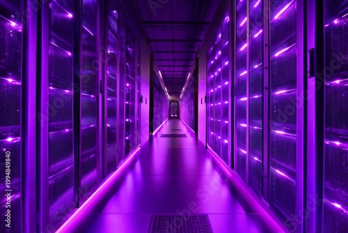 Lighted Corridor in a Data Center With Purple Lights and Server Equipment Alo...