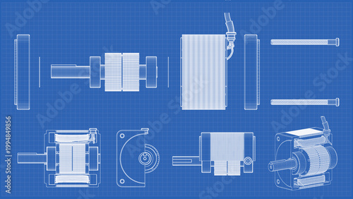 AC Servo Motor for CNC - Cross Section. Cutaway and Exploded View - drawing. Stepper Motor. 3D rendering isolated on blue background. 3D Mesh, Sketch, Vector style. Ideal for educational, engineering